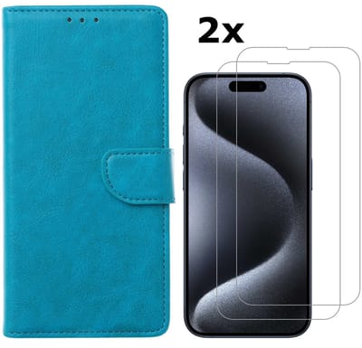 Hoesje Geschikt voor iPhone 15 Pro hoesje bookcase met 2x screenprotector – Blauw