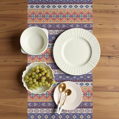 ABAKUHAUS Azteekse tafelloper – 40×225 cm – Polyester, met handgestikte randen – geel/oranje/blauw