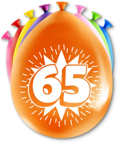 LUQ – Latex Ballonnen Happy Party 65 Jaar – 8 Stuks – Veelkleurig – Verjaardag Decor – Feest Versiering – Helium Ready