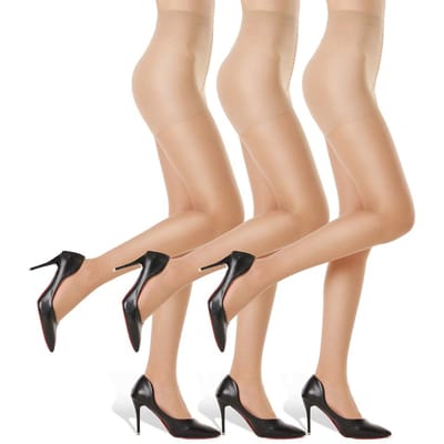 3 Paires de Collants Fines pour Femmes - Collants 20D avec Ceinture de Maintien et Pointe Renforcée M beige