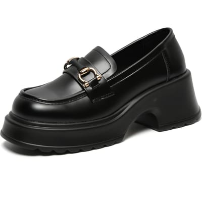 Lente Nieuwe Leer Mode Ronde Neus Comfortabel Dikke Middelhoge Hak Dikke Zool Loafers Enkele Schoenen 40
