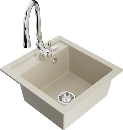 Mexen Vito 1-komora granieten gootsteen met Savita keukenkraan, beige - 6503-69-672601-00