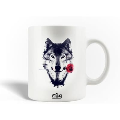 Mug en Céramique Tête De Loup Noir Fleurs Rouges