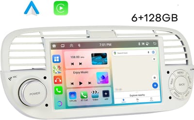 Boscer Autoradio - Geschikt voor Fiat 500 2007-2015 - Apple Carplay & Android Auto (draadloos) - 6+128GB - Android 15 - 7 Inch HD IPS Touchscreen - GPS Navigatiesysteem - Bluetooth, USB, WiFi & MP5 - Wit/Beige - Achteruitrijcamera & Microfoon