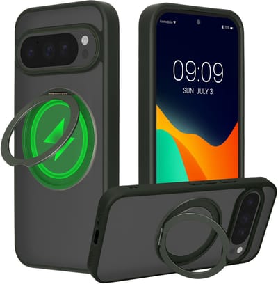 kalibri Beschermhoes met ringhouder vppr Google Pixel 10 Pro XL - Kickstand 360° harde hoes compatibel met MagSafe - mosgroen / mat transparant