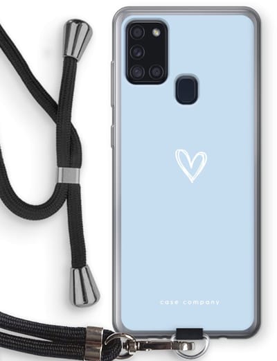 Case Company® - Hoesje met koord geschikt voor Samsung Galaxy A21s hoesje met Koord - Klein Hart Blauw - Telefoonhoesje met Zwart Koord - Bescherming aan alle Kanten en Over de Schermrand