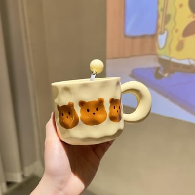 Verjaardagscadeau Schattige Kleine Beer Keramische Beker voor Jongens en Meisjes Drinkwaterbeker met Deksel Lepel Koppelsbeker 401-500ml