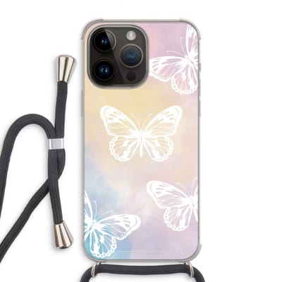 Case Company® - Hoesje met koord geschikt voor iPhone 14 Pro Max hoesje met Koord - White butterfly - Telefoonhoesje met Zwart Koord - Bescherming aan alle Kanten en Over de Schermrand