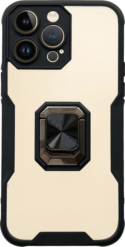 Casemania Hoesje Geschikt voor Apple iPhone 14 Pro - Zwart - Transparant Back Cover Kickstand Ring