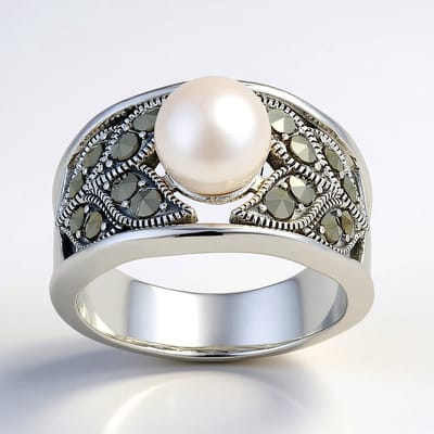 Cavill - 925 Sterling Zilver Ring - 0,4 ct Markasiet en Witte Zoetwaterparel - 7,5 mm Vintage Filigraan Elegant Sieraad