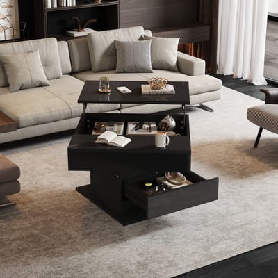 PHOEBE CAT Salontafel - 360° draaibaar tafelblad - In hoogte verstelbaar - Met lade - Hoogglans - Zwart