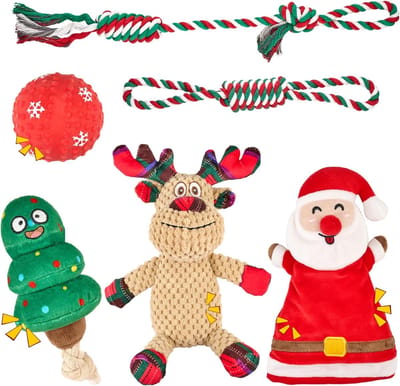 Famanu – Kerst hondenspeelgoed set – Pluche, touw en rubber – Piep- en kauwspeelgoed – 6-delig