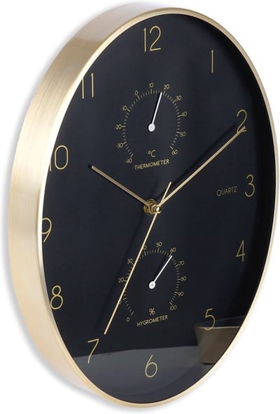 Wandklok Zwart Gouden met Hygrometer Thermometer 27x34,5 cm - Uurwerk - Keukenklok - Wand - Muur - Klok