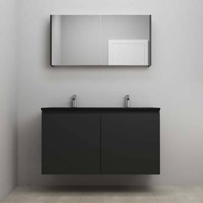 On-Line Badkamermeubelset - 120 cm - Bouwpakket - Greeploze Ladestructuur - Acryl Wastafel - 2 Kraangaten - Spiegelkast - Mat Zwart - V01