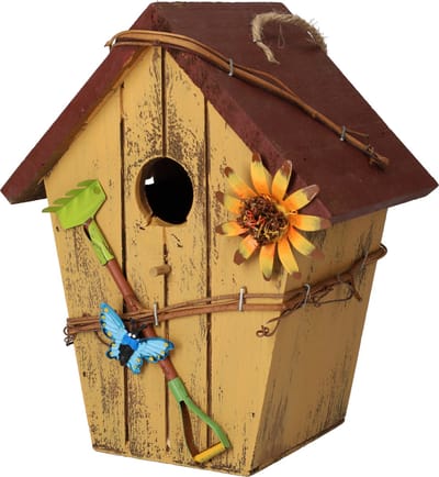 Vogelhuisje - Vogelhuis - Schattig vogelhuis voor vogels - Decoratie voor in de tuin of aan de boom - Nestkastje - Vogelnest gemaakt van hout - Geschikt voor bijvoorbeeld de koolmees, groenling, pimpelmees en winterkoning - Geel & Rood