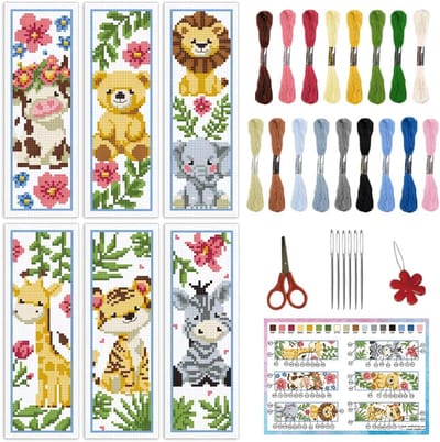 6 stuks DIY cartoon dier kruissteek bladwijzers sets schattige beer kow gestempelde borduurset kits met instructies planten bloemen Needlepoint bladwijzers kits voor boekenliefhebbers lezers