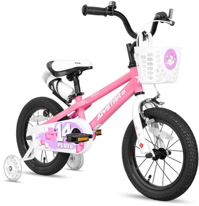 Joystar Pluto Kinderfiets - 12 inch - met mandje - met waterfles - zijwieltjes - bel - handrem - roze - Geschikt voor buitenactiviteiten in de lente