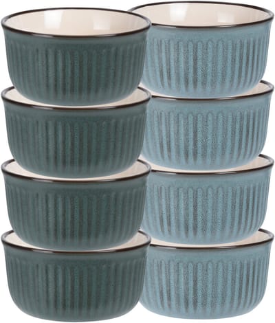 Soepkom Striped - set 8x - groen / blauw - 14 x 7 cm - keramiek - kom - 500 ml