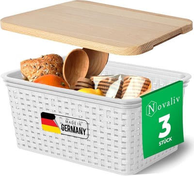 Novaliv Set van 3 opbergdozen met houten deksels, 5L, wit, kunststof, rotanlook, keukenopslag en -organisatie, BPA-vrije kastorganizer, opbergdozen voor theezakjes, snacks, kruiden