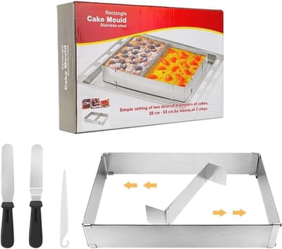 Stainless Steel Baking Frame Rectangular Adjustable Reusable Cake Ring Rectangular with Divider and 2 Corner Palettes - ShopVlot