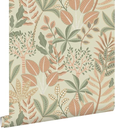 ESTAhome behang bladeren groen en terracotta roze - 50 x 900 cm - 139680