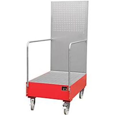 Verrijdbare lekbak met geperforeerde plaatwand, van staal, capaciteit 2 x 200 liter vaten, rood gelakt