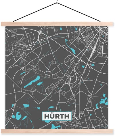 Posterhanger incl. Poster 90x90 cm - Schoolplaat - Kaart – Plattegrond – Stadskaart – Hürth – Duitsland – Blauw - Textielposter - Blanke latten - Stadskaart
