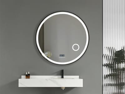 Mawialux LED Badkamerspiegel - 100cm - Rond - Mat zwarte rand - Make up vergroting spiegel - Verwarming - Digitale klok - Bluetooth - Josh