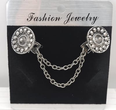 Vestsluiting - clip met dubbel ketting - Zeeuwse knoop - voor - vest - sjaal - omslagdoek in kleur antiek zilver look.
