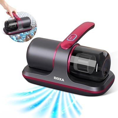 Roxa Huisstofmijt Stofzuiger - UV Lamp Sterilisator - Matras, Tapijt, Meubel, Zetel & Bank Reiniger Apparaat - Kruimeldief snoerloos best verkocht - Bacterie, Mijt & Schimmel Bestrijder - Zonder Zak - USB Opladen - Rood/Grijs - 2025