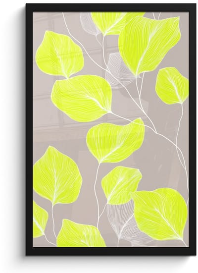 Poster in lijst - Fotolijst 40x60 cm - Posters - Bladeren - Neon - Geel - Lijnen - Posterlijst zwart - Decoratie - Wanddecoratie woonkamer - Muurdecoratie slaapkamer
