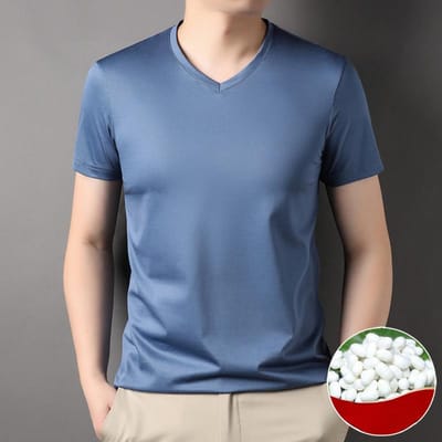 Kortarm T-shirt Heren Zomer Nieuw V-hals Effen Kleur Veelzijdig Zakelijk Trendy Zijde Dunne Sectie Onderhemd voor Jonge en Middelbare Leeftijd XXL gray