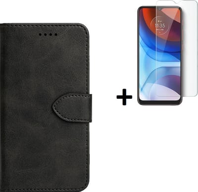 Hoesje Geschikt voor Motorola Moto E20 - Screenprotector Motorola Moto E20 - Wallet Bookcase Zwart + Screenprotector