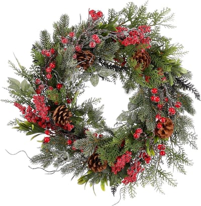 Mica Decorations Randell Kerstkrans - Kerstversiering met besneeuwd effect - Deurkrans eenvoudig op te hangen - Decoratie met besjes en dennenappels - Ø50 cm - Rood