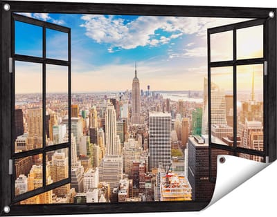 Gards Tuinposter Doorkijk New York Manhattan tijdens Zonsondergang - 90x60 cm - Tuindoek - Tuindecoratie - Wanddecoratie buiten - Tuinschilderij