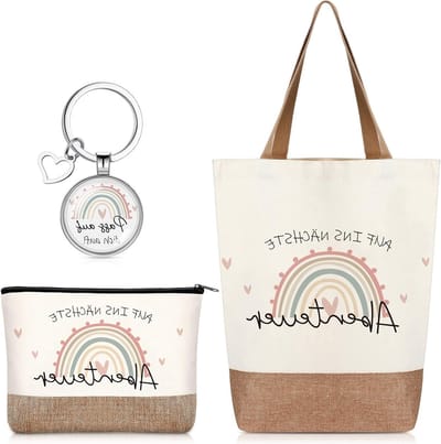 Farewell cadeau jute tas en toilettas met tekst voor de volgende avontuur, sleutelhanger geluk brenger voor chauffeurs en nieuwkomers tijdens kerst