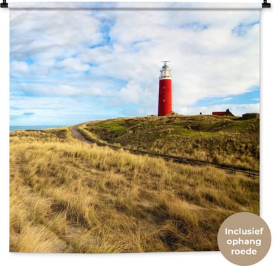 Wandkleed - Wanddoek - Strand - Vuurtoren - Wolken - 120x120 cm - Wandtapijt
