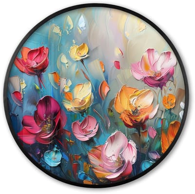 Poster in lijst Rond - Fotolijst 60x60 cm - Posters - Bloemen - Kleurrijk - Abstract - Verf - Natuur - Ronde posterlijst zwart - Decoratie - Wanddecoratie woonkamer - Muurdecoratie slaapkamer