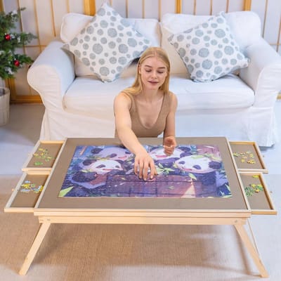 Opvouwbare puzzeltafel - Puzzelbord met poten - Puzzels maken - Met 4 sorteerladen - 56 x 76 cm - Houtkleur