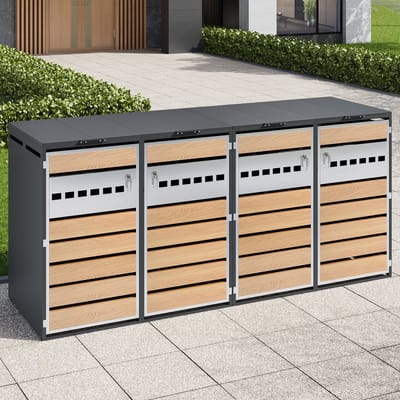 OKWISH Afvalcontainer Ombouw - 4 Vakken Met Hydraulische Klapdeksel - Afsluitbaar Voor Tuin En Oprit - Staal Grijs Hout