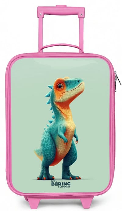 NoBoringSuitcases.com® - Kinderkoffer roze - Kindertrolley meisje - Stoere dino met grote ogen - Koffer kind lichtgewicht - Reiskoffer trolley voor kinderen - Koffertje met lichtgevende wieltjes - Rolkoffer