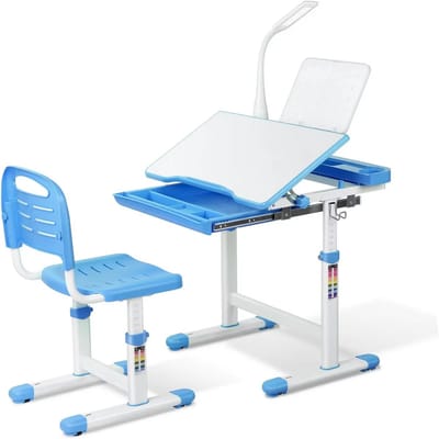 Kinderbureau set met in hoogte verstelbare student bureaustoel - Uittrekbare lade voor kinderen, geschikt voor 3-10 jaar studie - Blauw - 66,5 x 50 x 54–76,5 cm