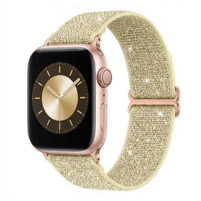 Goudkleurig smartwatch bandje – horloge band – dames en heren – elastische nylon strap – subtiele glitter afwerking – geschikt voor Apple Watch 38 mm / 40 mm / 41 mm / 42 mm (serie 10 / 11)