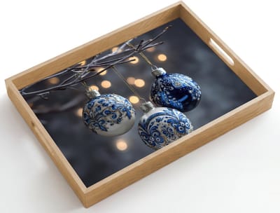 Dienblad hout 50x35 cm - Schootdienblad - Kerstbal - Versierd - Blauw - Borrelplank rechthoek - Plateau dienbladen