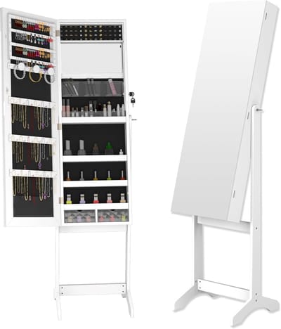 Sieradenkasten Tweepootig Sieradenrek Met Lange Spiegel, Oorbellenkasten, Kettinghaakjes, Leds, Ringvakken & Make-upplanken, Ruimtebesparend, Sieradenvloerspiegel (Wit) NAIZY