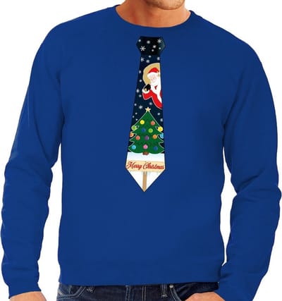 Bellatio Decorations Foute kersttrui - sweater - met stropdas in kerst print - blauw - voor heren S