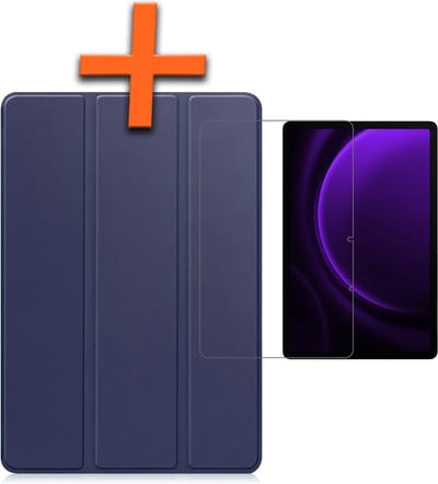 Hoesje - Geschikt voor Samsung Galaxy Tab S9 FE Plus - Met Screenprotector - Trifold Bookcase - Hard Cover Case - Met Uitsparing Geschikt voor S Pen - Hardcover Book - Tablet Hoes - Donkerblauw