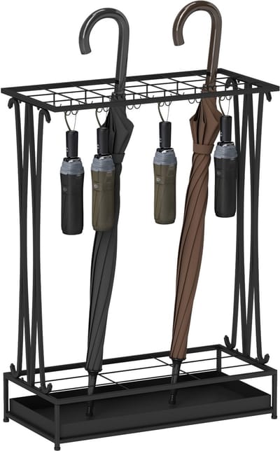 Paraplu Stand - 21 Houders 24 Haken - Staal - Zwart - Voor Hal & Terras