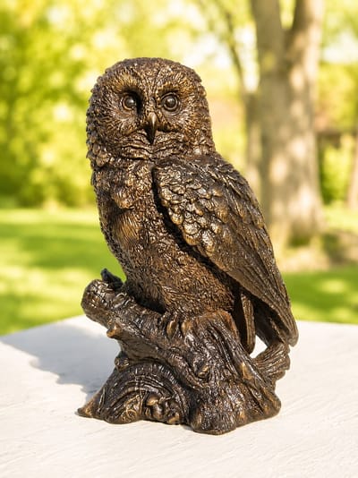 Bronzen dierenbeeld / UIL / op boomstam / vogel /