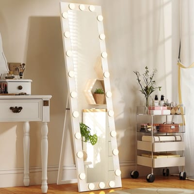 MODFU - Staande Passpiegel met Verlichting - 150 x 40 cm - 3 Lichtkleuren & Dimmbaar - Modern Design voor Slaapkamer - Gehard Glas - Wit